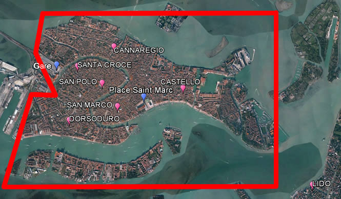 Carte de Venise indiquant la gare et les quartiers de Venise
